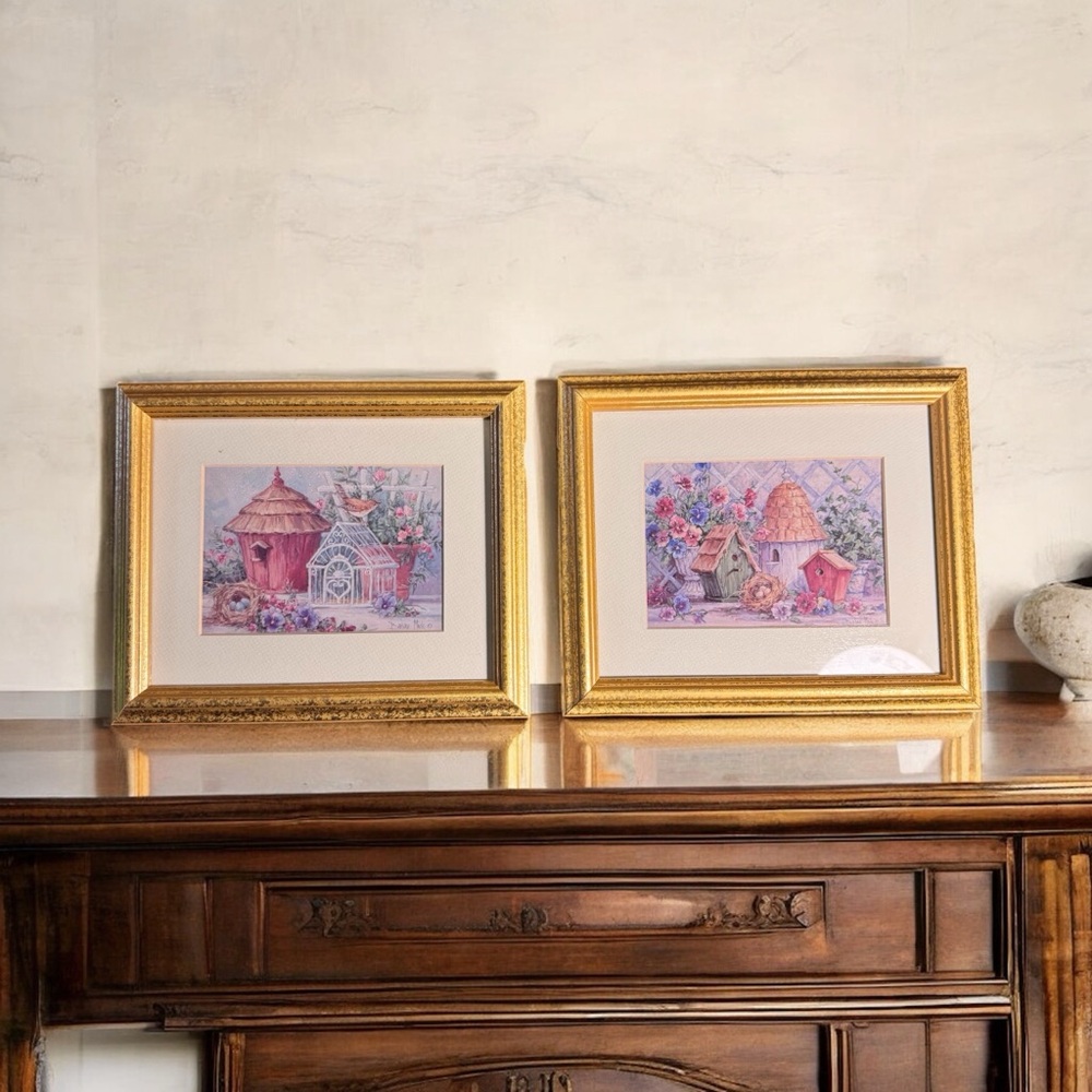 BIRDHOUSE PICTURE BACKYARD MORNING BARBARA MOCK Water Color Printed Framed Set